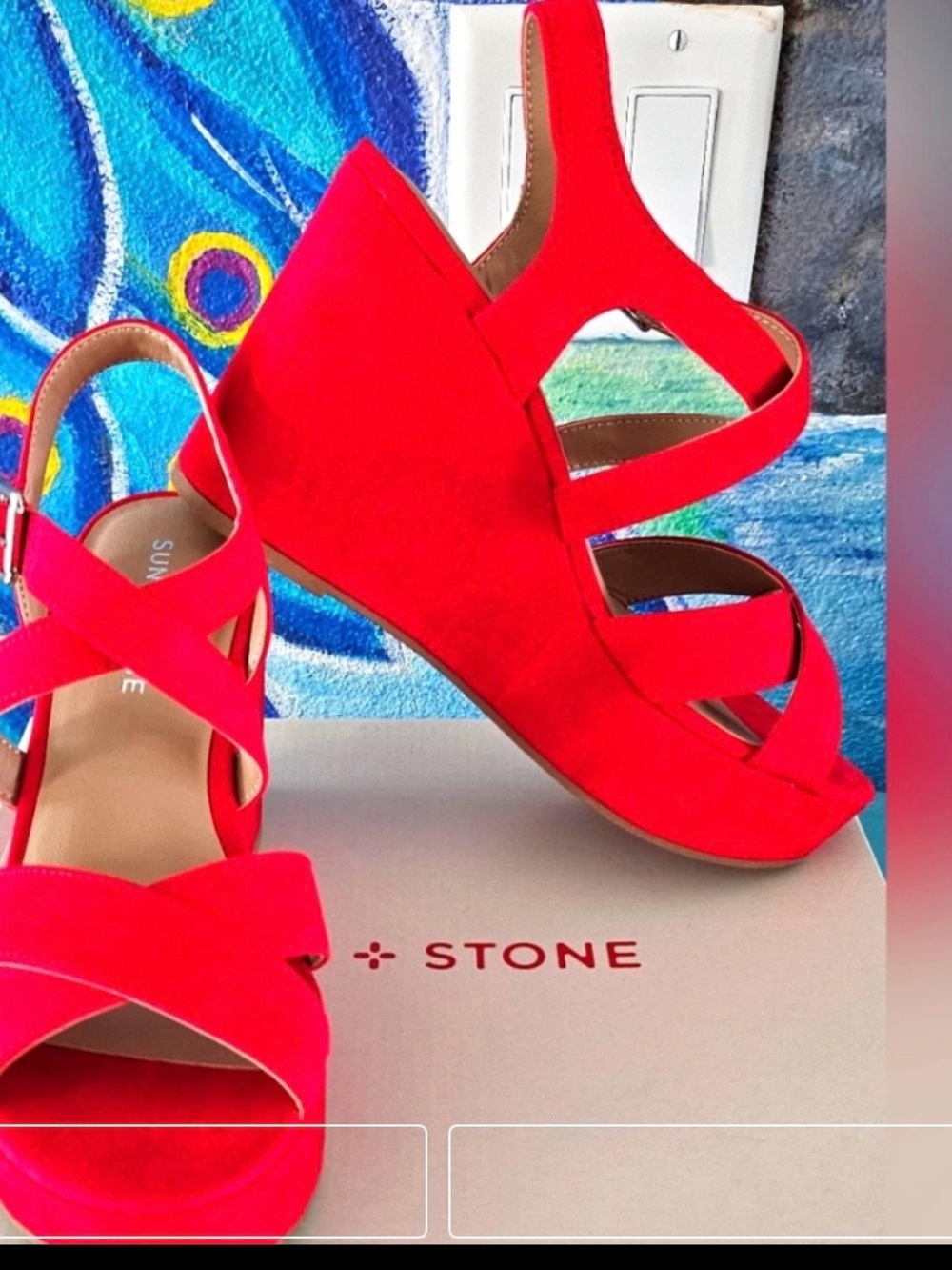 SUN + STONE Raynaaf Strrappy Slingback Platform Wedge Dress Sandals RED SIZE 6